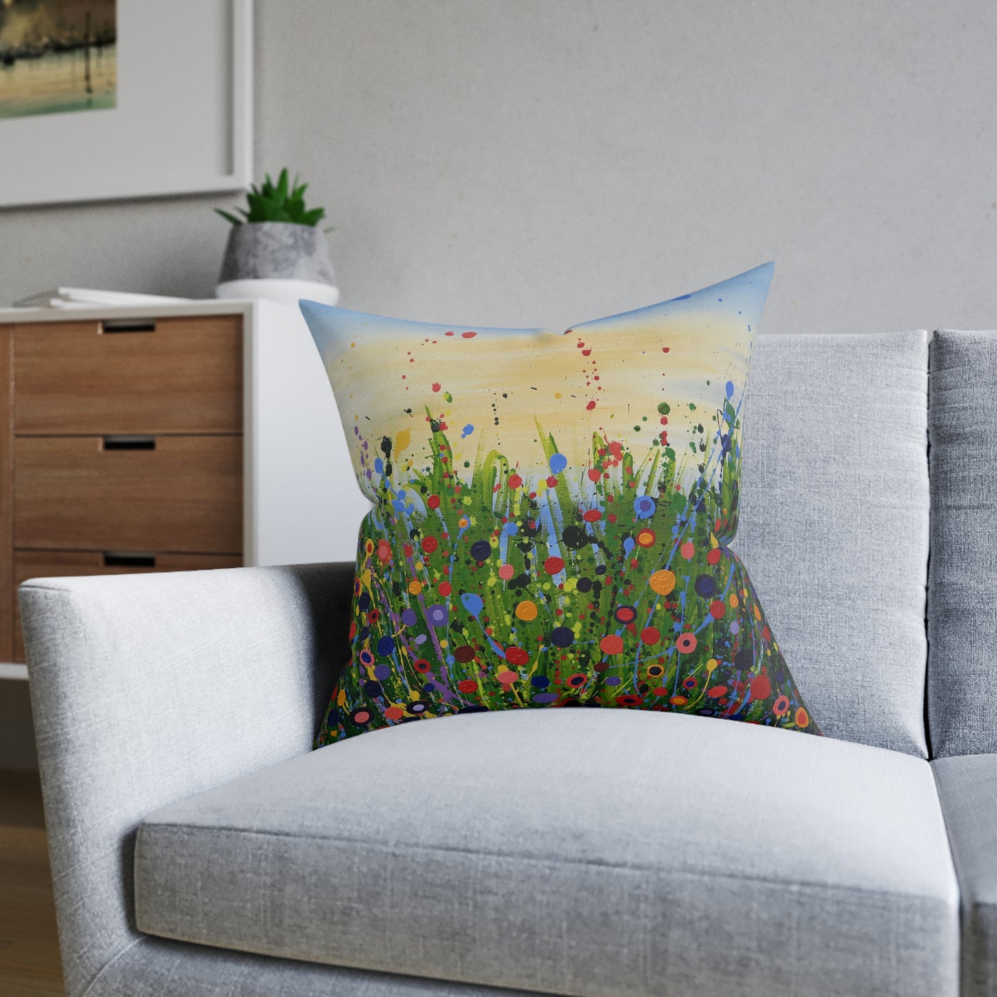 Floral Meadow Square Pillow — Colourful Abstract Wildflower Decorative Cushion
