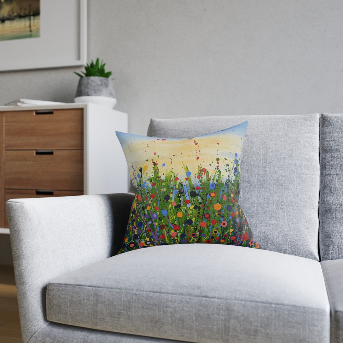 Floral Meadow Square Pillow — Colourful Abstract Wildflower Decorative Cushion