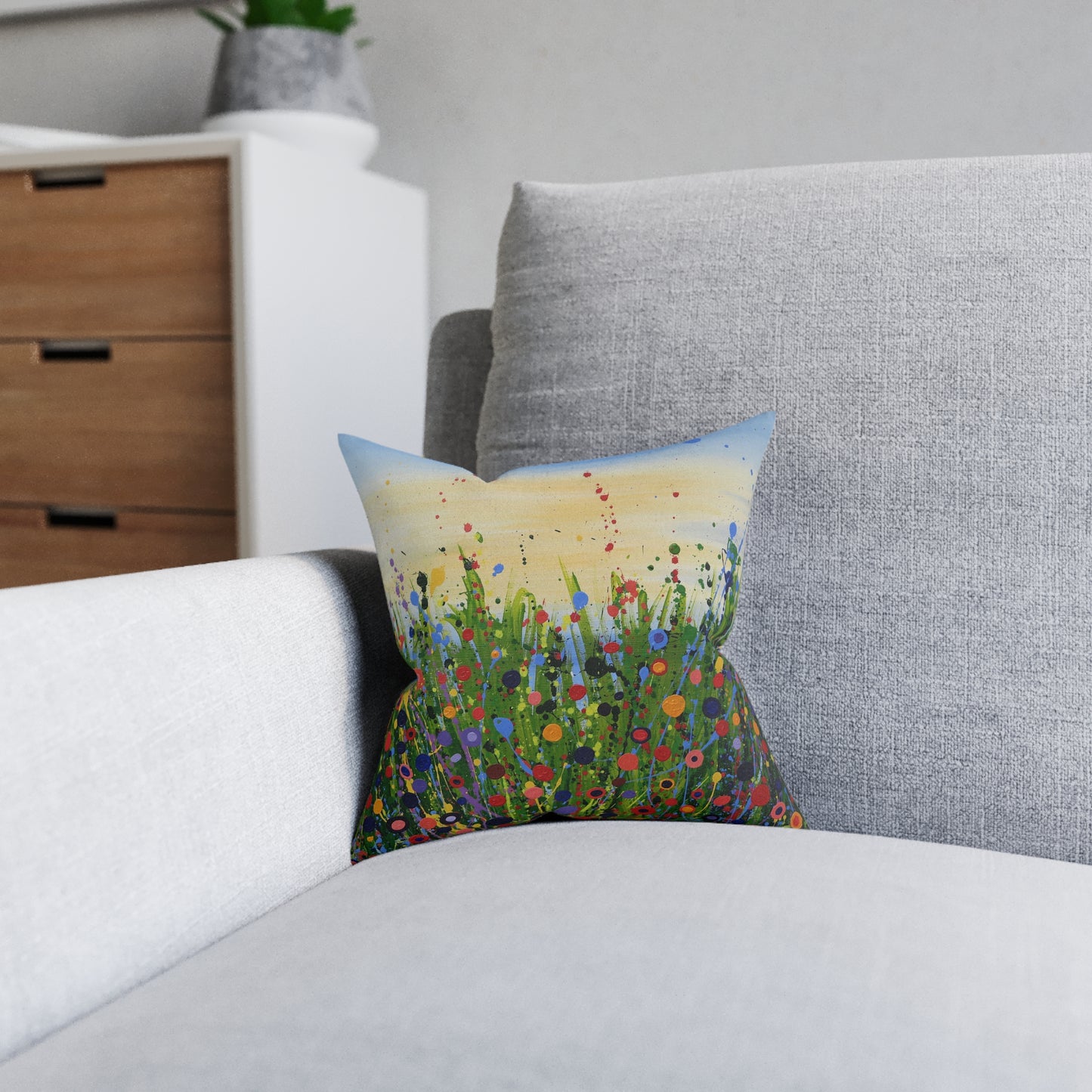 Floral Meadow Square Pillow — Colourful Abstract Wildflower Decorative Cushion